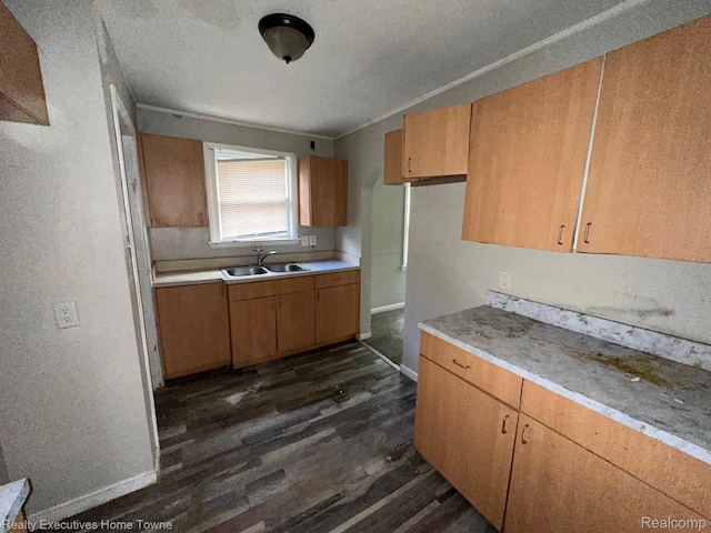 19738 Westphalia St, Detroit, MI 48205 - kitchen featuring dark wood-style floors, light countertops, brown cabinetry, and a textured ceiling