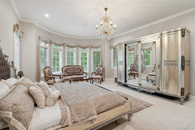 8356 Misty Mdws, Grand Blanc, MI 48439 - bedroom featuring access to outside, carpet floors, ornamental molding, a chandelier, and recessed lighting