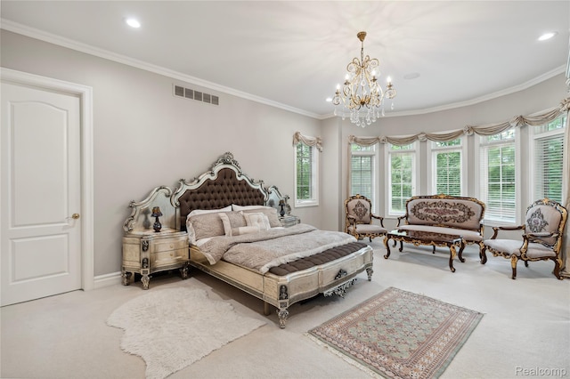 8356 Misty Mdws, Grand Blanc, MI 48439 - carpeted bedroom featuring a chandelier, ornamental molding, and recessed lighting