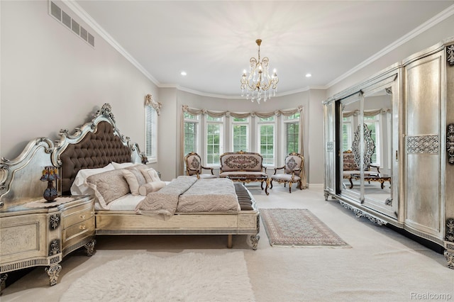 8356 Misty Mdws, Grand Blanc, MI 48439 - carpeted bedroom featuring a chandelier, recessed lighting, access to exterior, and crown molding
