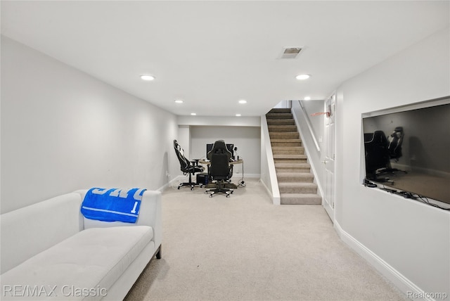 7027 Beverly Crest Dr, West Bloomfield, MI 48322 - living area with carpet floors, stairway, recessed lighting, and an office area