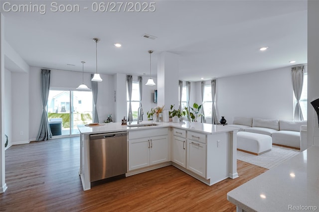 606 Angus Ln, Saline, MI 48176 - kitchen featuring stainless steel dishwasher, open floor plan, light wood finished floors, healthy amount of natural light, and recessed lighting