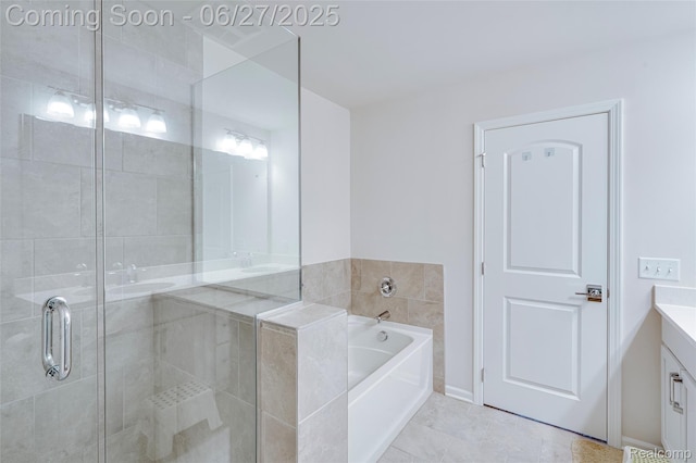 606 Angus Ln, Saline, MI 48176 - bathroom with vanity, a stall shower, a bath, and tile patterned flooring