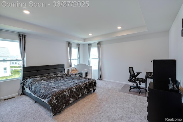 606 Angus Ln, Saline, MI 48176 - bedroom featuring carpet, a raised ceiling, and recessed lighting