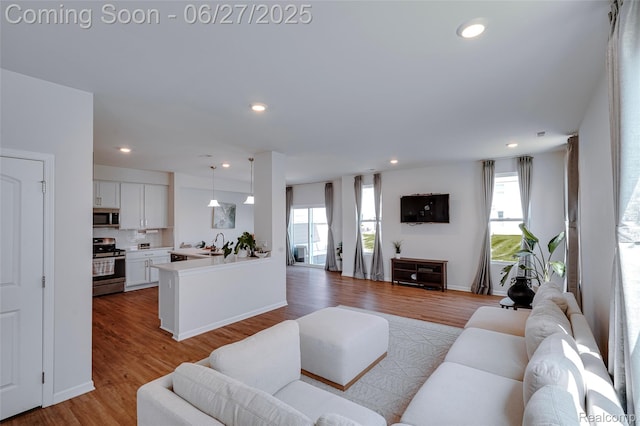 606 Angus Ln, Saline, MI 48176 - living area featuring wood finished floors and recessed lighting