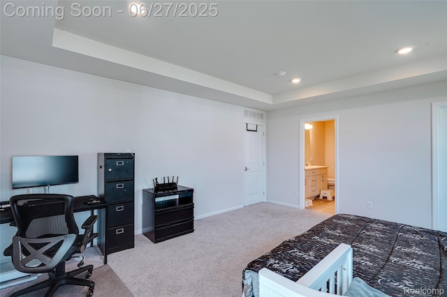 606 Angus Ln, Saline, MI 48176 - bedroom with a raised ceiling, carpet, an office area, recessed lighting, and ensuite bathroom