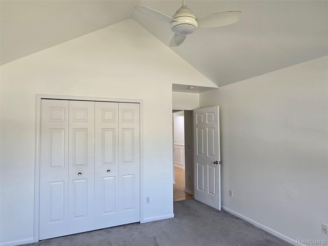 35260 Bradford Dr, New Baltimore, MI 48047 - unfurnished bedroom featuring carpet floors, a closet, high vaulted ceiling, and a ceiling fan
