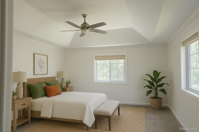 35260 Bradford Dr, New Baltimore, MI 48047 - carpeted bedroom featuring a raised ceiling, crown molding, and ceiling fan