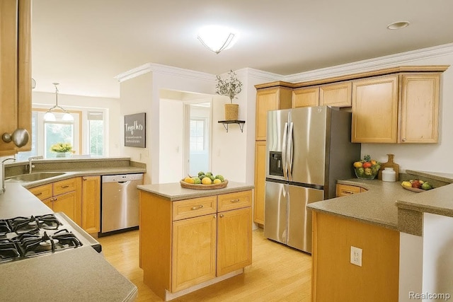 35260 Bradford Dr, New Baltimore, MI 48047 - kitchen featuring stainless steel appliances, light wood-style floors, a peninsula, a kitchen island, and ornamental molding