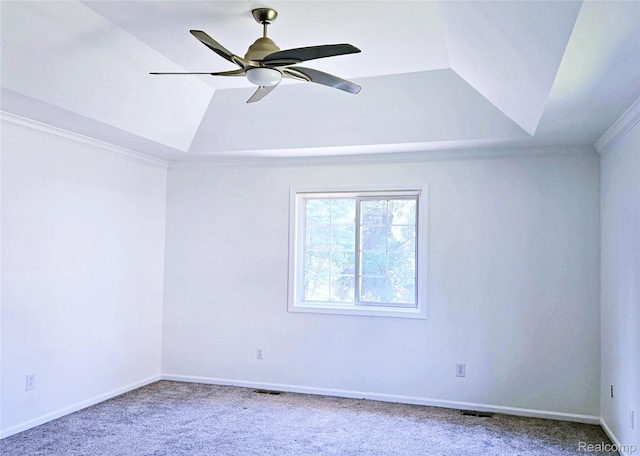 35260 Bradford Dr, New Baltimore, MI 48047 - carpeted empty room with a ceiling fan, ornamental molding, and vaulted ceiling