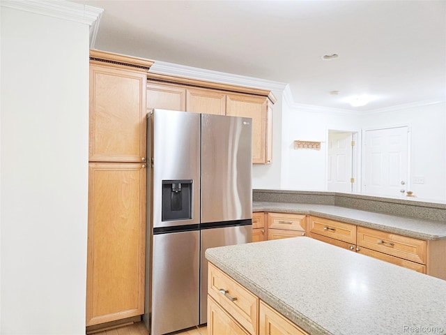 35260 Bradford Dr, New Baltimore, MI 48047 - kitchen with stainless steel fridge, light brown cabinetry, ornamental molding, and a peninsula