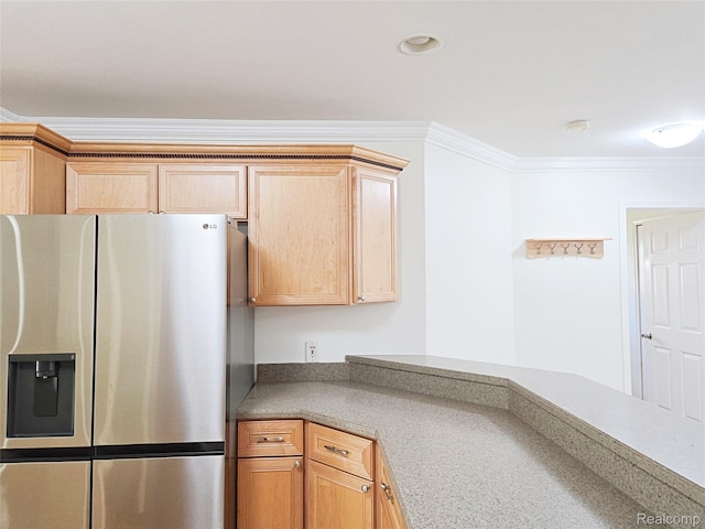 35260 Bradford Dr, New Baltimore, MI 48047 - kitchen featuring stainless steel refrigerator with ice dispenser, ornamental molding, light brown cabinets, and recessed lighting