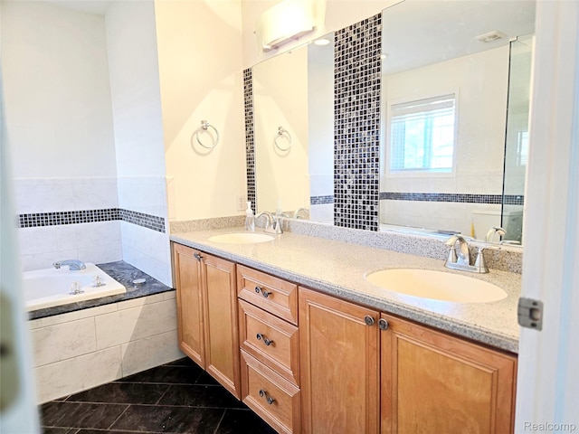 35260 Bradford Dr, New Baltimore, MI 48047 - full bath with a bath, double vanity, and tile patterned floors