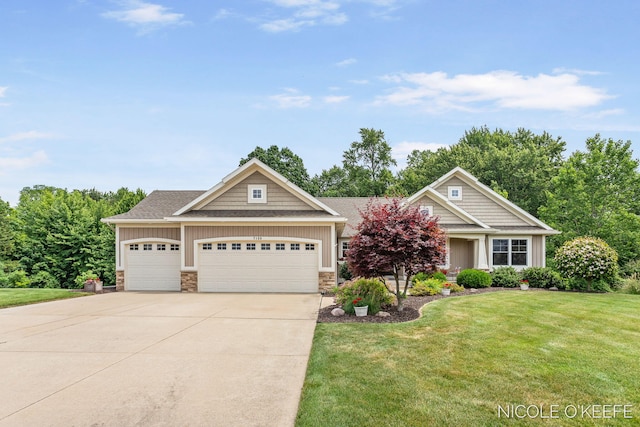 7150 Limerick Ln SW, Byron Center, MI 49315 - craftsman house with an attached garage, driveway, a front yard, stone siding, and board and batten siding