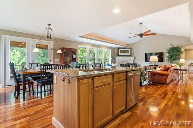 7150 Limerick Ln SW, Byron Center, MI 49315 - kitchen with dishwasher, dark wood finished floors, a fireplace, a ceiling fan, and recessed lighting