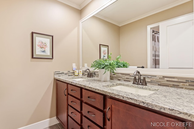 7150 Limerick Ln SW, Byron Center, MI 49315 - bathroom with double vanity, ornamental molding, and decorative backsplash