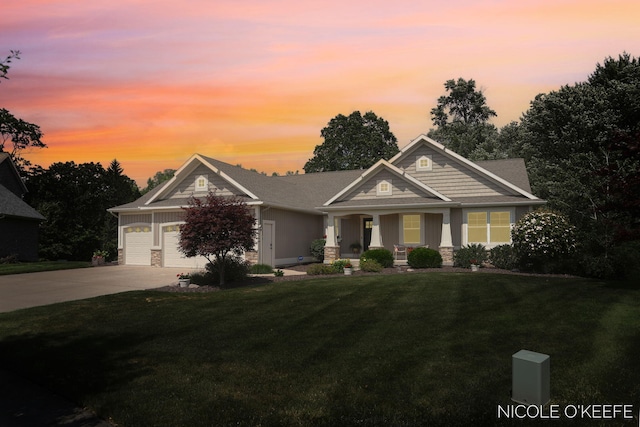 7150 Limerick Ln SW, Byron Center, MI 49315 - craftsman-style home featuring stone siding, a porch, a yard, an attached garage, and concrete driveway