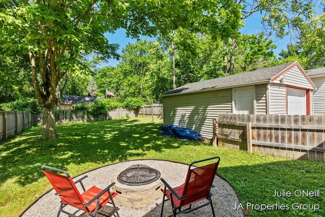 1035 Eastern Ave NE, Grand Rapids, MI 49503 - fenced backyard with an outdoor fire pit, an outdoor structure, and a garage