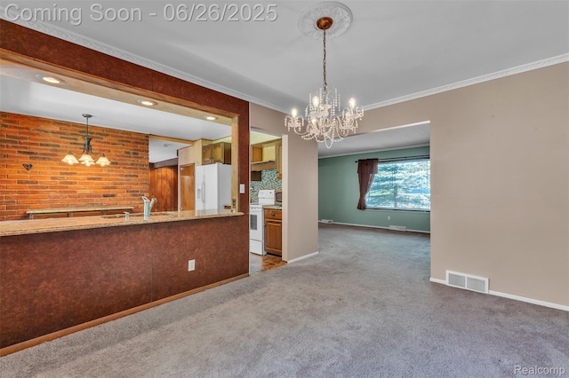 1840 Glen Iris Dr, Commerce Twp, MI 48382 - kitchen featuring white appliances, carpet, a chandelier, brown cabinetry, and crown molding