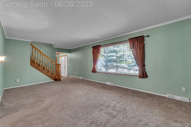 1840 Glen Iris Dr, Commerce Twp, MI 48382 - unfurnished living room with stairway, crown molding, and carpet flooring