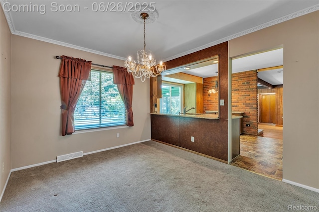 1840 Glen Iris Dr, Commerce Twp, MI 48382 - unfurnished dining area featuring a chandelier, carpet flooring, ornamental molding, and wooden walls