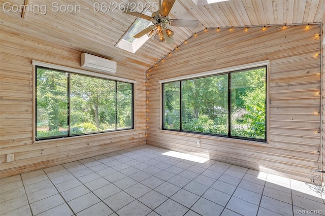 1840 Glen Iris Dr, Commerce Twp, MI 48382 - unfurnished sunroom with a skylight, a wall unit AC, lofted ceiling, and plenty of natural light