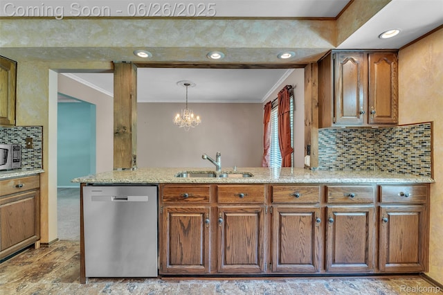 1840 Glen Iris Dr, Commerce Twp, MI 48382 - kitchen featuring stainless steel appliances, ornamental molding, brown cabinets, a chandelier, and tasteful backsplash