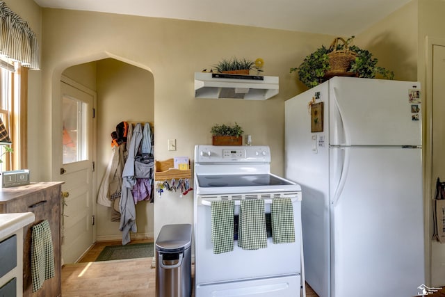 2030 W Sterns Rd, Temperance, MI 48182 - kitchen with white appliances, under cabinet range hood, wood finished floors, and arched walkways