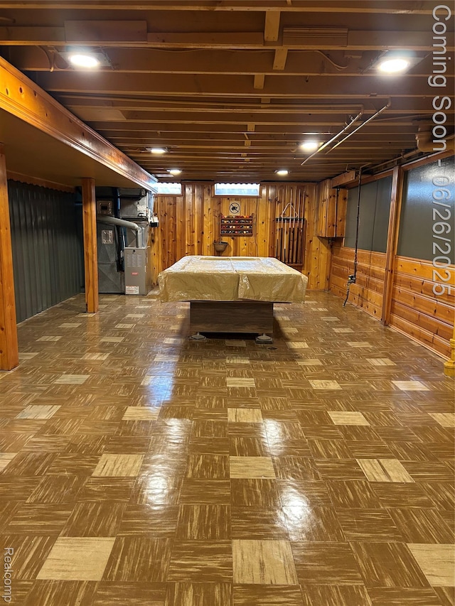 8816 Salem Ln, Redford, MI 48239 - game room with pool table, wood walls, and heating unit