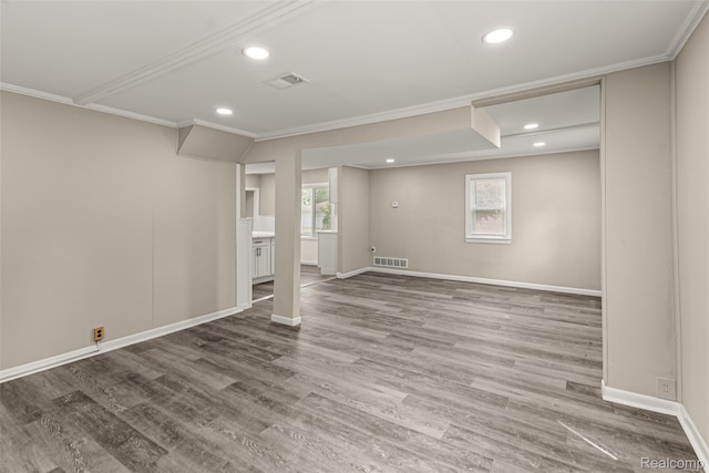 8329 Lenore St, Dearborn Heights, MI 48127 - basement with ornamental molding, recessed lighting, and wood finished floors