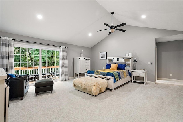 4608 Old Grand River Trl NE, Ada, MI 49301 - bedroom with access to exterior, light carpet, vaulted ceiling, recessed lighting, and ceiling fan