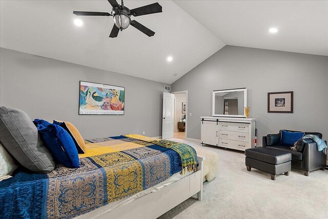 4608 Old Grand River Trl NE, Ada, MI 49301 - bedroom with light colored carpet, recessed lighting, a ceiling fan, and high vaulted ceiling