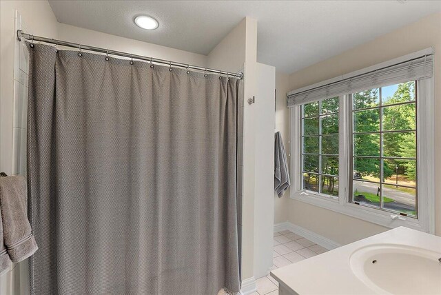 4608 Old Grand River Trl NE, Ada, MI 49301 - bathroom with tile patterned floors, vanity, and curtained shower