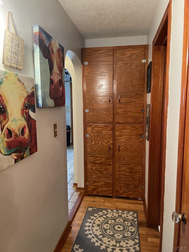 9981 W Mulberry Rd, Morenci, MI 49256 - corridor featuring arched walkways, wood finished floors, and a textured ceiling