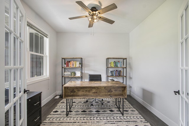 10924 Mystic Heights Trl, Michigan, MI 49071 - office with ceiling fan, dark wood-style floors, and french doors