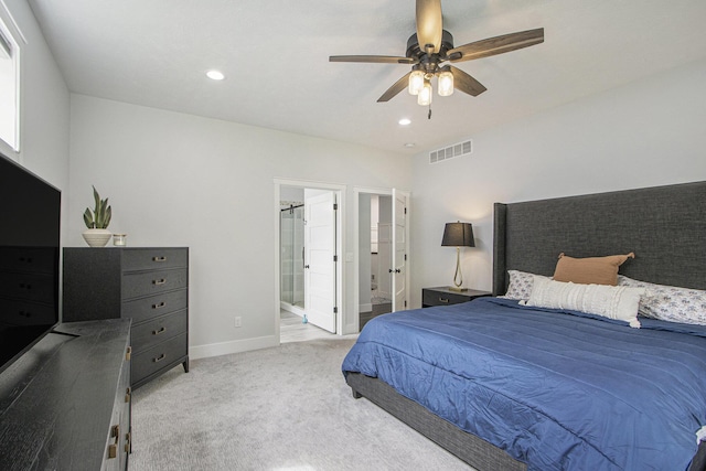 10924 Mystic Heights Trl, Michigan, MI 49071 - bedroom with light carpet, recessed lighting, connected bathroom, and a ceiling fan