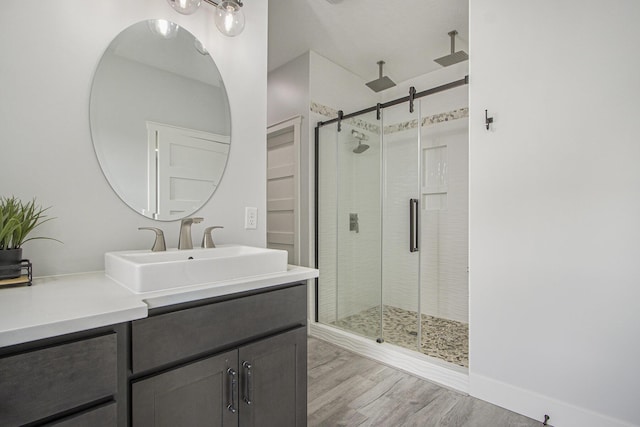 10924 Mystic Heights Trl, Michigan, MI 49071 - bathroom featuring vanity, a shower stall, and wood finished floors