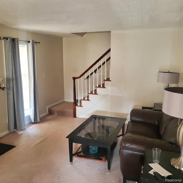 18918 Hartwell, Detroit, MI 48235 - living room featuring stairs, carpet, and a textured ceiling