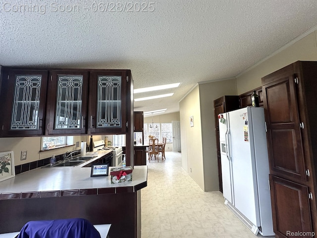 2652 Murphy Lake Rd, Silverwood, MI 48760 - kitchen featuring white appliances, a textured ceiling, light flooring, glass insert cabinets, and dark brown cabinetry