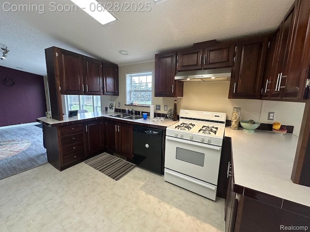 2652 Murphy Lake Rd, Silverwood, MI 48760 - kitchen with under cabinet range hood, white range with gas stovetop, black dishwasher, a textured ceiling, and light flooring