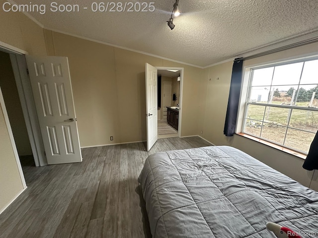 2652 Murphy Lake Rd, Silverwood, MI 48760 - bedroom featuring wood finished floors, ornamental molding, vaulted ceiling, a textured ceiling, and rail lighting
