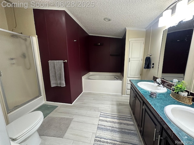 2652 Murphy Lake Rd, Silverwood, MI 48760 - bathroom with crown molding, a stall shower, a bath, wood finished floors, and double vanity