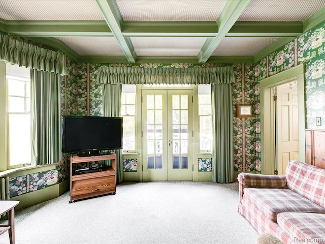 2815 Military St, Fort Gratiot, MI 48060 - carpeted living room featuring wallpapered walls, french doors, coffered ceiling, and beam ceiling
