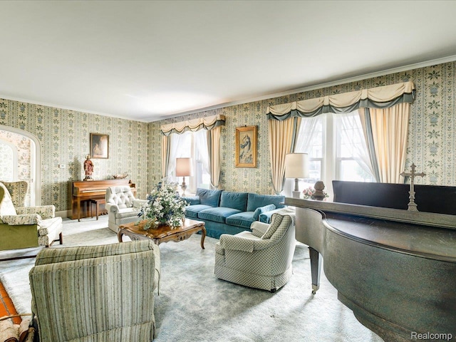 2815 Military St, Fort Gratiot, MI 48060 - living room featuring wallpapered walls, crown molding, and carpet floors