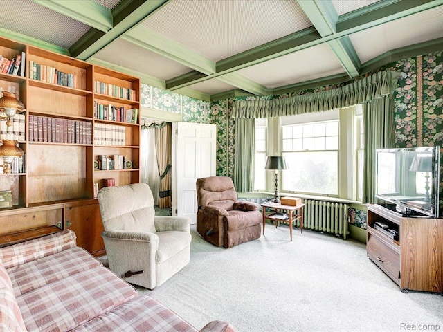 2815 Military St, Fort Gratiot, MI 48060 - living area featuring radiator heating unit, coffered ceiling, carpet floors, wallpapered walls, and beam ceiling