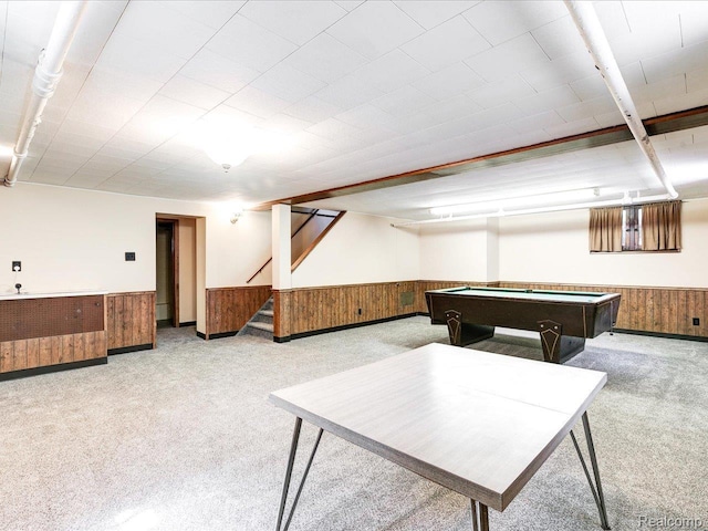 2815 Military St, Fort Gratiot, MI 48060 - rec room featuring a wainscoted wall, carpet, wood walls, and billiards table