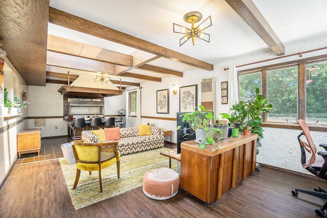 835 Farrell Ave, Kalamazoo, MI 49006 - living area featuring wood finished floors, a chandelier, beamed ceiling, and a wainscoted wall