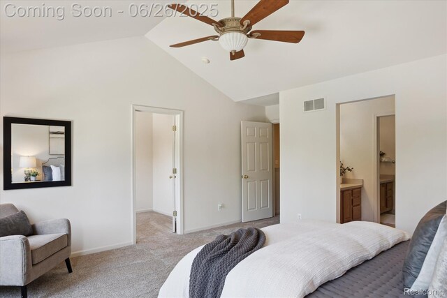 2538 Campbell Ct, Canton, MI 48188 - carpeted bedroom featuring vaulted ceiling, connected bathroom, and a ceiling fan