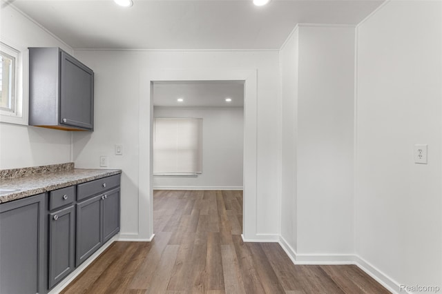 1085 Pennsylvania Ave, Lincoln Park, MI 48146 - kitchen with gray cabinets, dark wood-style floors, recessed lighting, and light countertops