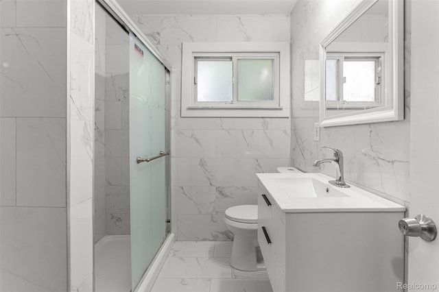 1085 Pennsylvania Ave, Lincoln Park, MI 48146 - full bath featuring marble finish floors, vanity, a shower stall, and tile walls